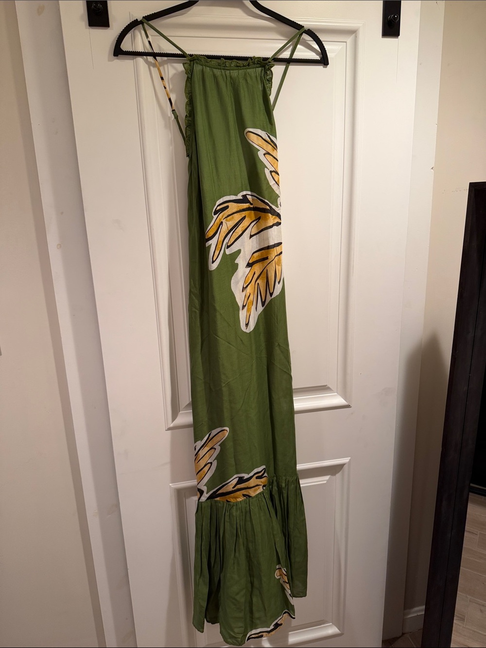 Anthropologie Green Backless Maxi Dress with Yellow Leaf Print
